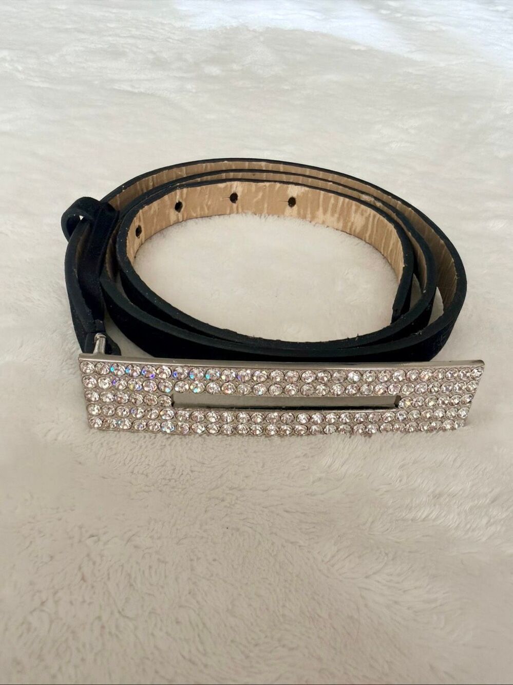 Oscar de la Renta Crystal Pavé Buckle Black Suede Leather Belt Size Large